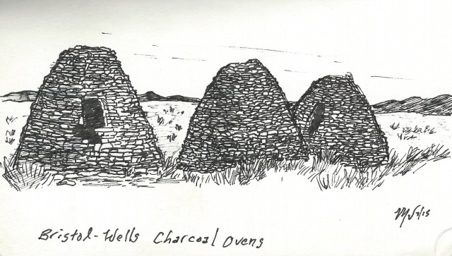 These kilns, located northwest of Pioche, Nevada, were once used in the production of charcoal, which was in turn used in the smelting of various ores mined in the region. I had the chance to stop and check these out during one of my transport jobs last week off pavement. I used a 0.35 mm Pigma Micron 03 pen on a small cahir Moleskine notebook. 